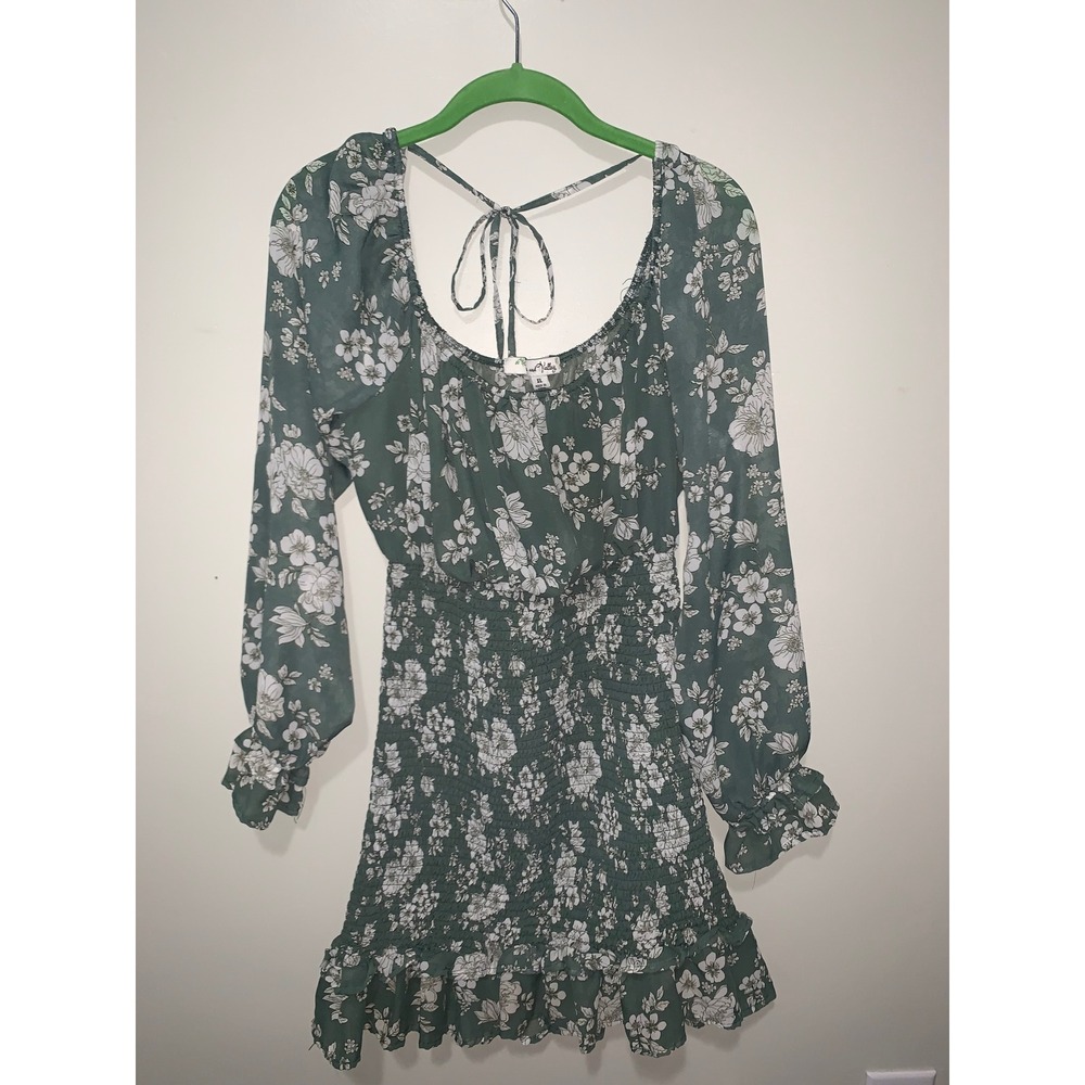 Vine and Valley Sage Green Floral Smocked Mini Dress Long Sleeve XL Cottagecore